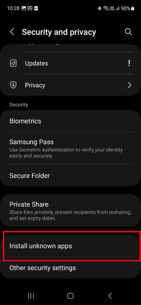 install unknown apps setting option in android